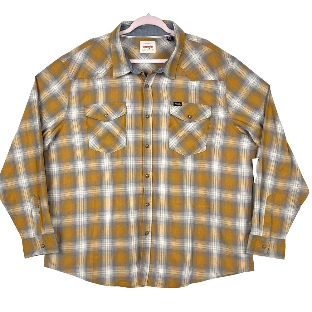 Wrangler Plaid Shirt Men’s 2XL Orange Gray Flap Pockets snap Lightweight Flannel
